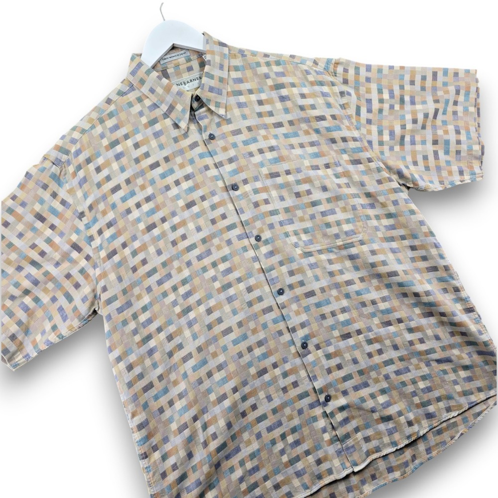 Jhane Barnes Mens Large Short Sleeve Button Up Shirt Cotton Geometric Check